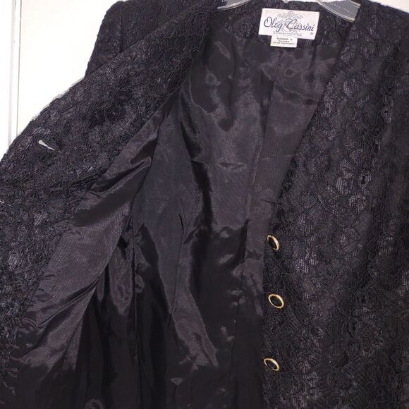 Oleg Cassini Black Lace Jacket Evening Gold Buttons V neck Vintage 10 - Picture 4 of 12